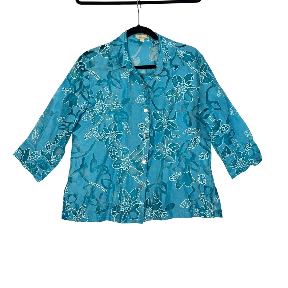 Choices Women's Floral Print Top Blouse Size M 3/4 Sleeve Blue Casual 12%‎ Linen